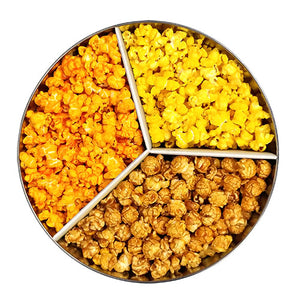 Popcorn tin with three popcorn flavors